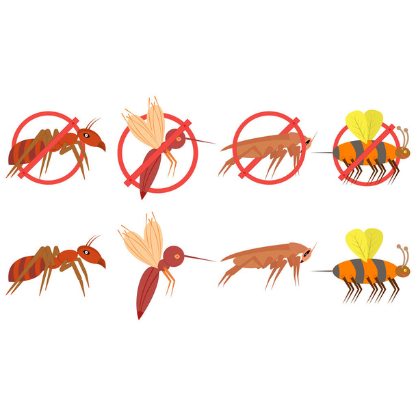 Vettore di insetti nocivi. Zanzara, scarafaggio, formica, calabrone, moscerino e parassita. illustrazione e clipart. Segno di divieto.  - Vettoriali, immagini