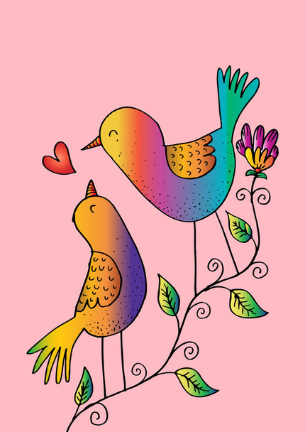 Two birds on a branch. Hand drawing illustration. - Foto, Imagem