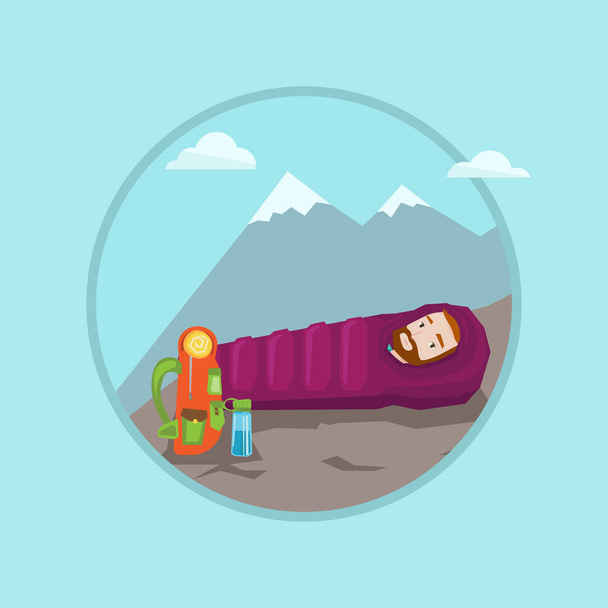 Man lying in sleeping bag in the mountains. - Vector, Image