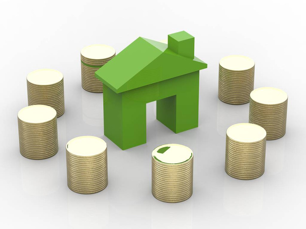 πράσινο σπίτι περιβάλλεται από στοίβα των κερμάτων - Φωτογραφία, εικόνα