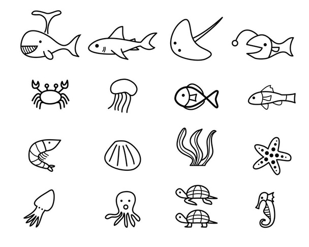 Zeevruchten en zee dier in lineaire stijl, vector - Vector, afbeelding
