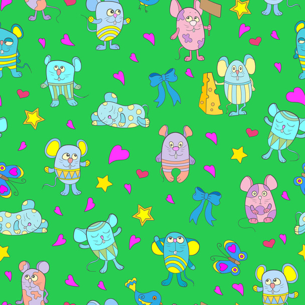 Seamless pattern with funny cartoon mouses on a green background - Vector, Image