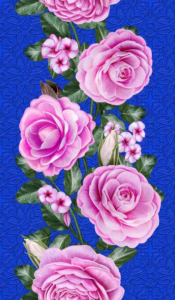 Vertical seamless border. Floral background. Garlands of flowers, pink roses, camellias. Ornament of multicolored mosaic. - Foto, afbeelding