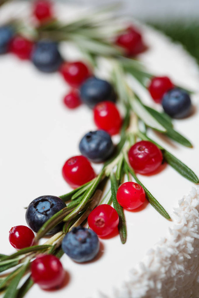 cranberry and blueberry on Christmas cake - Фото, изображение