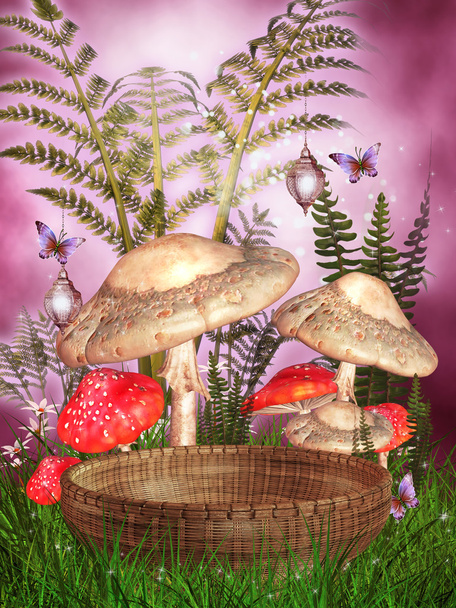 Funghi di fantasia e un cesto
 - Foto, immagini