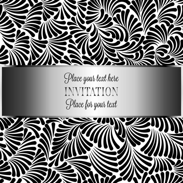 Romantic background with antique, luxury black and white vintage frame, victorian banner, made of feathers wallpaper ornaments, invitation card, baroque style booklet, fashion pattern with place for - Vector, Image