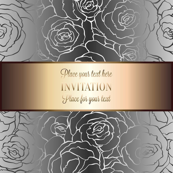 Abstract background with roses, luxury metal silver with gold place for text vintage tracery made of roses, damask floral wallpaper ornaments, invitation card, fashion pattern - Vector, Image