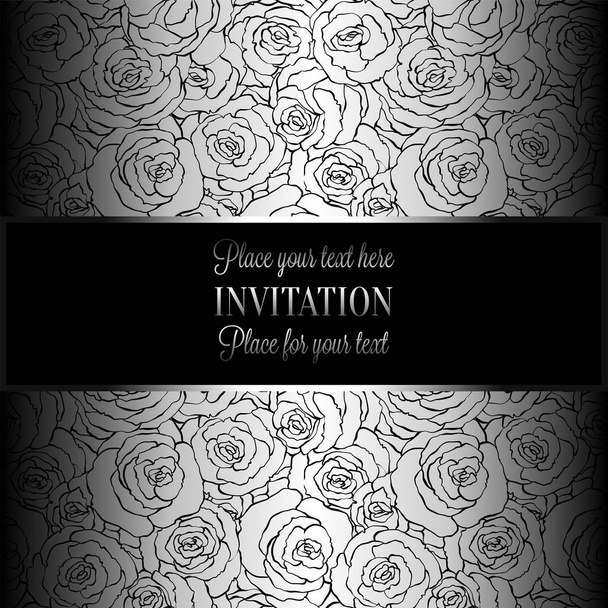 Abstract background with roses, luxury metal silver vintage tracery made of roses, damask floral wallpaper ornaments, invitation card, baroque style booklet, fashion pattern, template for design - Vector, Image