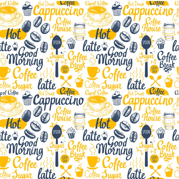 Seamless sketch background. Hot drinks menu. Vector Illustration pattern with cup, coffee maker, beans, spoon, labels. - Vector, Image