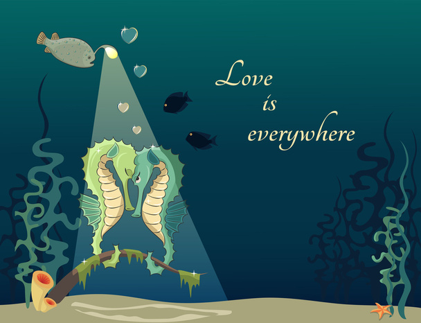Greeting card wit two seahorses on the rendezvous - Vector, Image