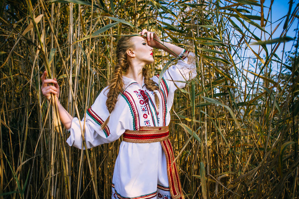 Chica joven en el campo de verano en ropa nacional Bielorrusia
 - Foto, Imagen