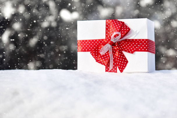 ギフト ボックスと森林の背景に、クリスマス休暇のシンボル、冬の雪の屋外の雪の中で赤の弓 - 写真・画像