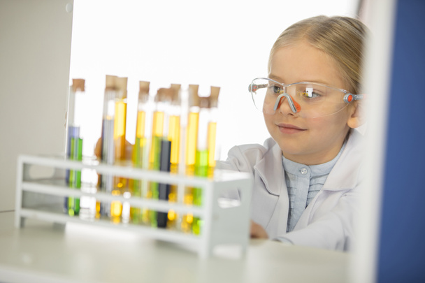 Schoolgirl looking at test tubes - Valokuva, kuva