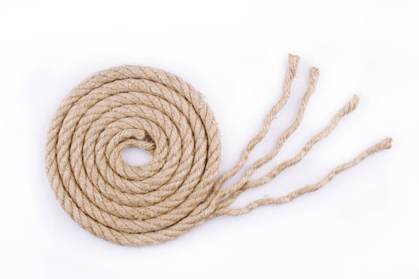 top view of rope spiral with unraveled end on white background - Photo, Image