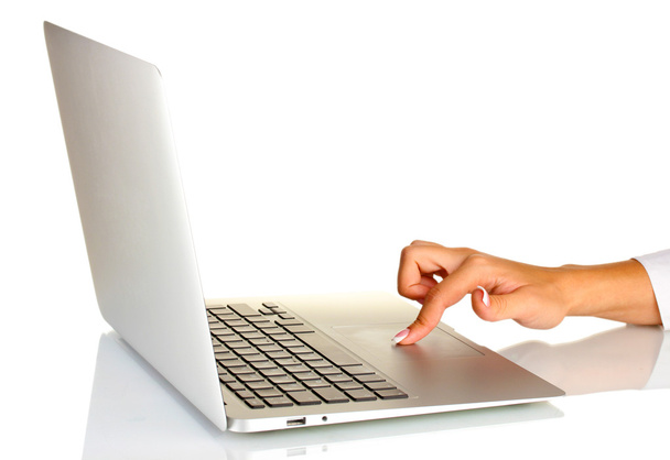 mãos de mulher de negócios digitando no computador portátil, no fundo branco fechar
 - Foto, Imagem