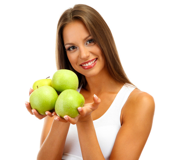 beautiful young woman with green apples, isolated on white - Photo, Image