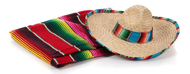 Serape and sombrero on a white background - Foto, afbeelding