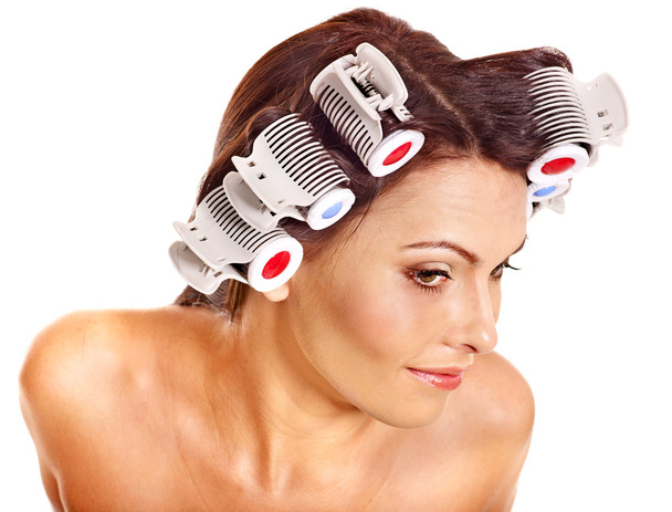Woman wear hair curlers on head. - Foto, Bild