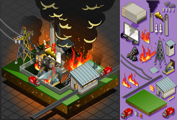 Isometric disaster of coal plant fire - Vector, Image