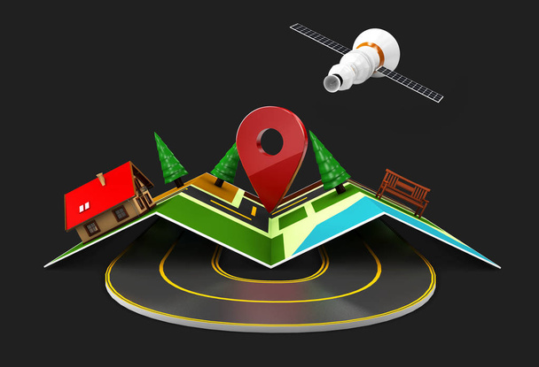 Sokak harita Gps simgeleri ile 3D Illustration. Gezinti - Fotoğraf, Görsel