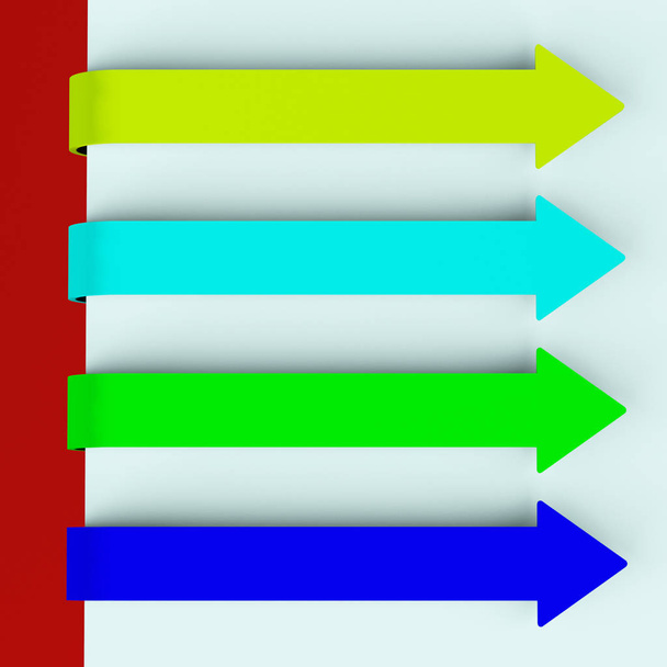Quatre onglets multicolores de flèche longue sur le papier pour la liste de menu 3d Re
 - Photo, image