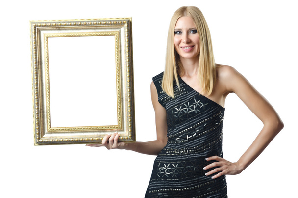 Woman holding picture frame on white - Foto, Bild