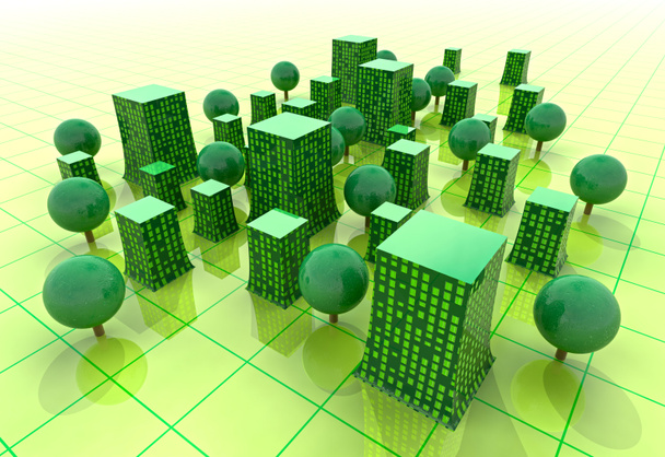Зеленые устойчивые городские здания в сетке иллюстрации или фона
 - Фото, изображение