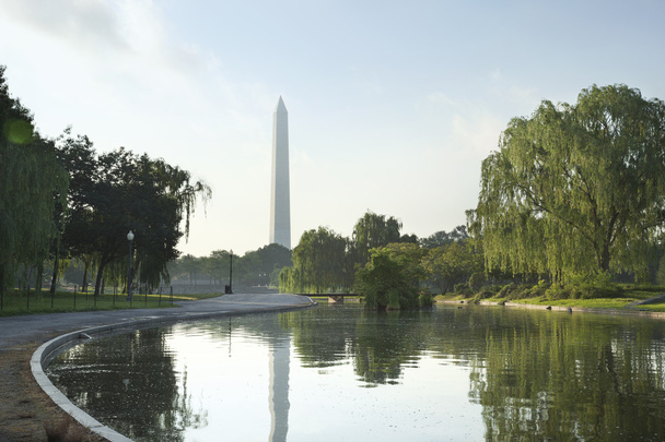 Утренний снимок монумента Вашингтона, отраженный в пруду
 - Фото, изображение