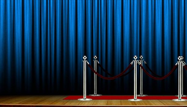 Red carpet on stage with blue curtain - Photo, Image