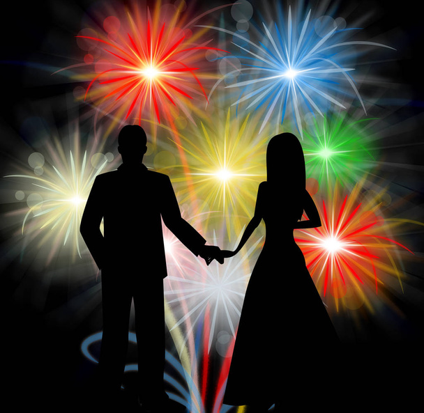Pareja silueta en frente de fuegos artificiales celebraciones románticas
 - Foto, imagen