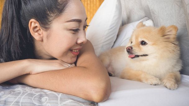 Woman relax with dog in bedroom. - Zdjęcie, obraz