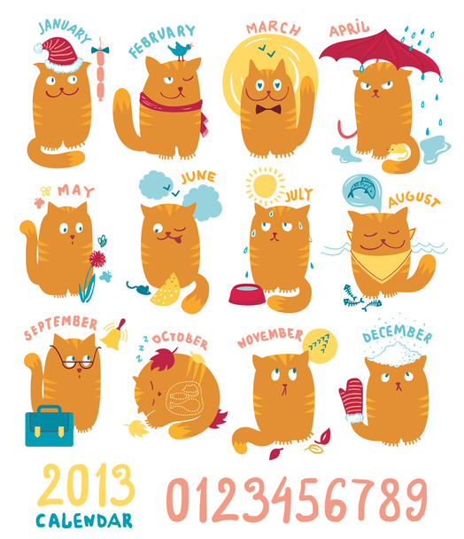 Calendario con lindos gatos brillantes
 - Vector, imagen