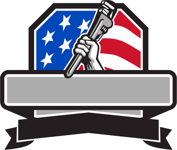 Plumber Hand Holding Pipe Wrench USA Flag Crest Retro - Vector, Image