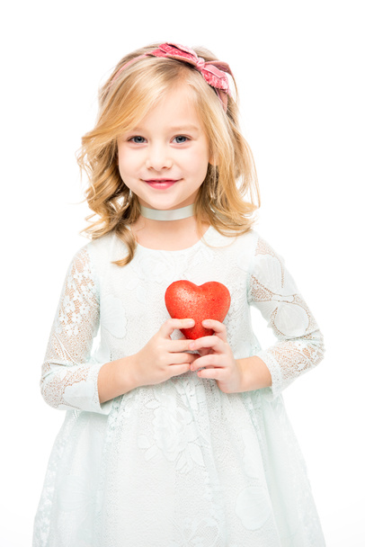Girl with red heart sign - Zdjęcie, obraz