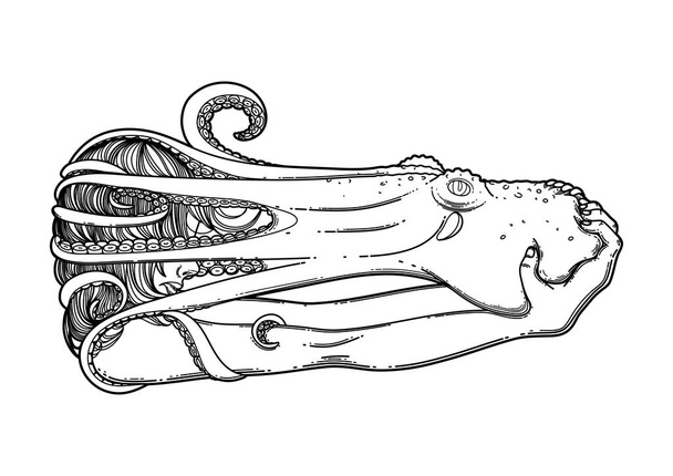 Graphic girl with octopus - Vettoriali, immagini