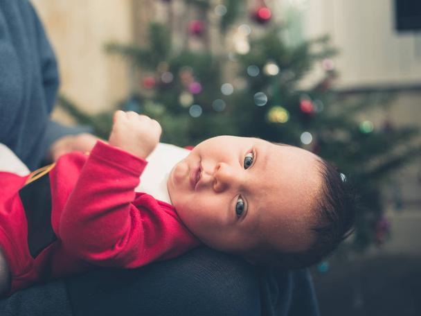A baby wearing a santa outfit in front of the christmas tree - Fotoğraf, Görsel