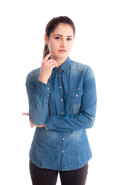 Interesting girl in jeans shirt posing isolated - Foto, imagen