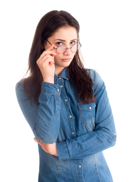 Pretty girl hold glasses near face isolated - Fotografie, Obrázek