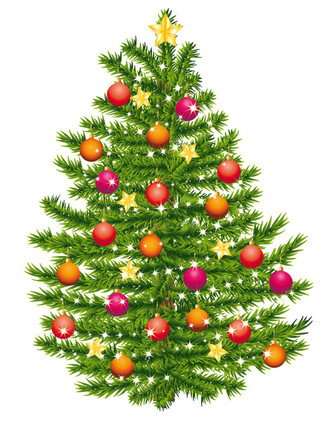 Christmas tree decorated with warm colored ornaments. - Vector, Image