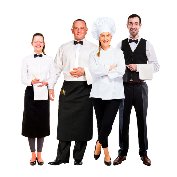 Grupo de chef hombre y una camarera mujer. Aislado sobre la espalda blanca
 - Foto, imagen