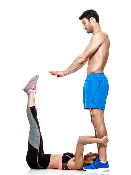 couple man and woman fitness exercises isolated - Photo, Image