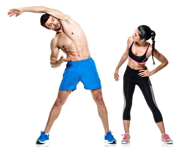 couple man and woman fitness exercises isolated - Photo, image