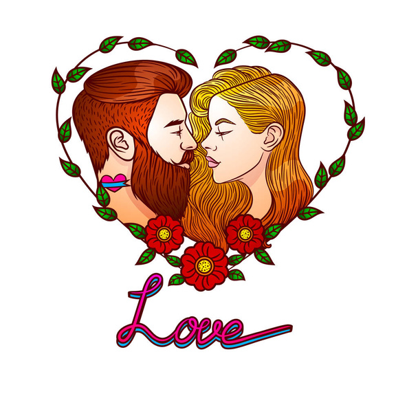 Πολύχρωμο διάνυσμα εικονογράφηση για κάρτα ημέρα του Αγίου Βαλεντίνου. Διάνυσμα άνθρωπος εικόνα φιλώντας γυναίκα. Δύο νέοι άνθρωποι είναι φιλιά μέσα σε πλαίσιο από λουλούδια. Πρόσκληση για το γάμο με το κείμενο «αγάπη" - Διάνυσμα, εικόνα