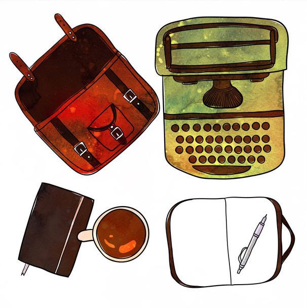 Coffee cup, notebook, pen, typewriter and bag. Watercolor mockup, template for design on white background - Foto, Imagem