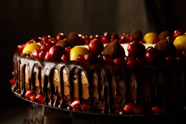 Κέικ τριπλής σοκολάτας διακοσμημένο με ρόδι, cranberries και μικρά μήλα. - Φωτογραφία, εικόνα
