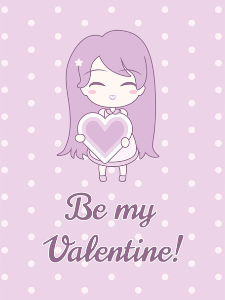 Cute girl holding heart, with text. On pastel pink polka dot background. - Wektor, obraz