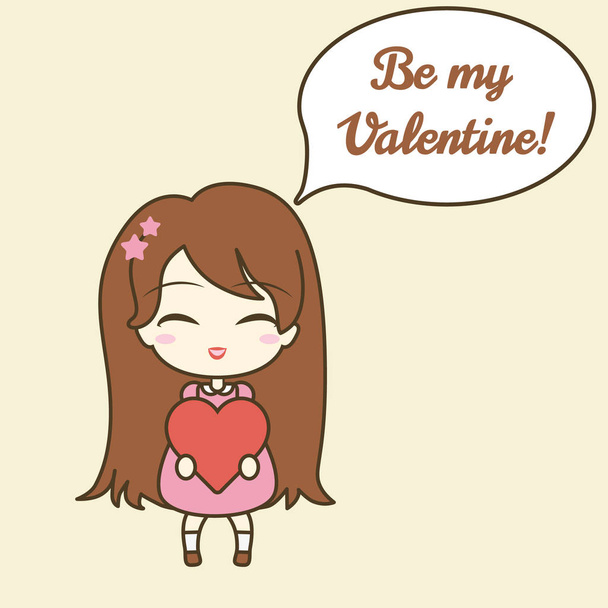 Cute girl holding heart, and speech bubble with text. - Vettoriali, immagini