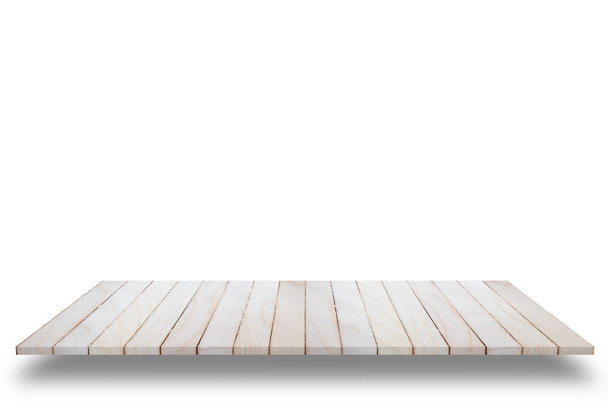 Tyhjä ylhäältä näkymä puinen pöytä tai laskuri (hylly) eristetty wh
 - Valokuva, kuva