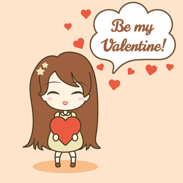 Cute girl holding heart, and speech bubble with text. - Vettoriali, immagini