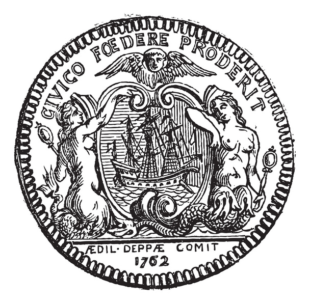 Coin of the town of Dieppe, showing two sirens and a boat, vinta - Vector, Image
